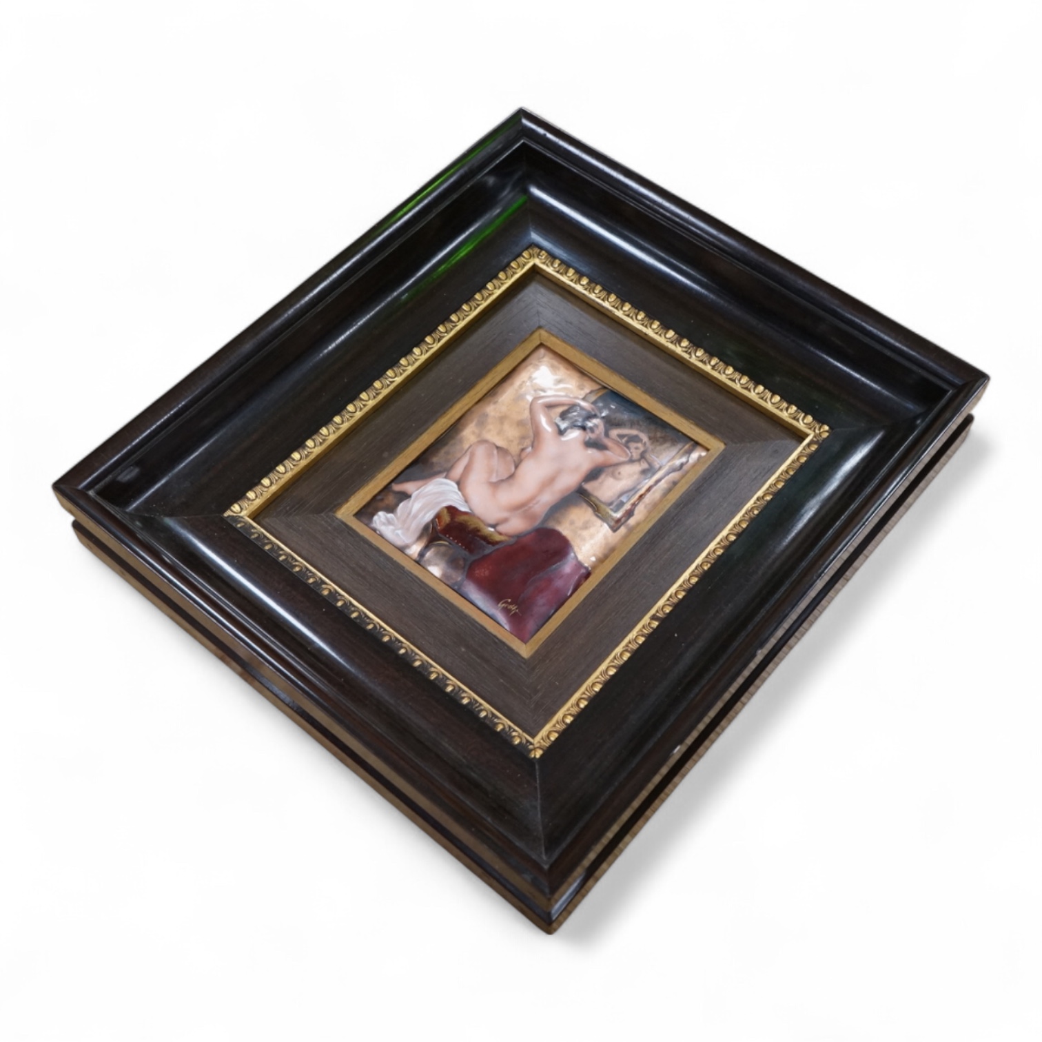 An enamel on copper plaque, nude study, framed, signed Grotti, overall 31cm high